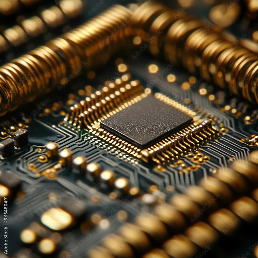 Close-up of a microchip with intricate details showcasing golden connections and electronic components. Perfect for tech designs. Close-up of a microchip with intricate details showcasing golden connections and electronic components. Perfect for tech designs.