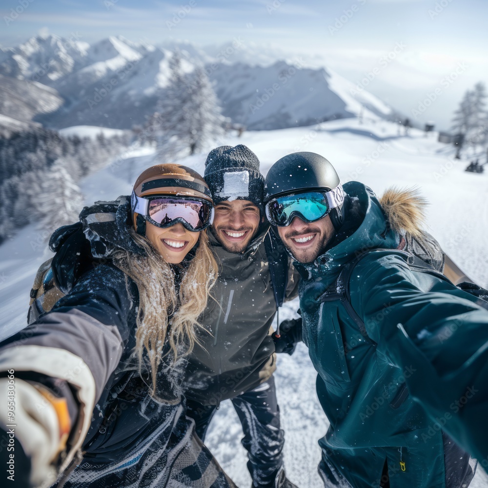 Group of snowboarders on winter holiday taking a selfie