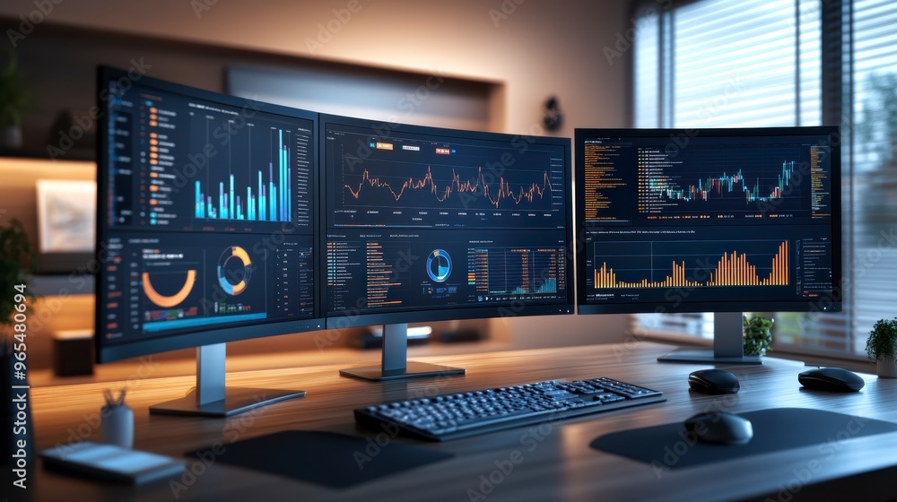 Modern workplace setup showing financial data on multiple monitors Modern workplace setup showing financial data on multiple monitors