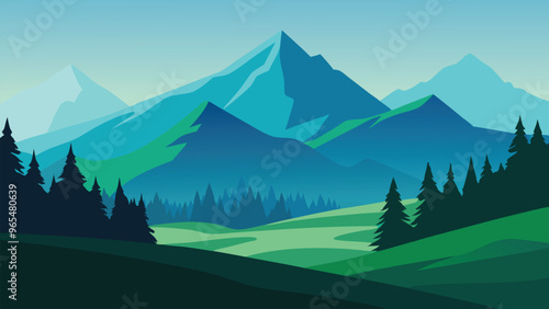 Mountain scene with verdant trees and grassy areas, highlighting the tranquility of the outdoors