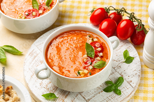Konstfotografi Spanish tomato soup Andalusian gazpacho, is a cold soup made of raw, blended vegetables as tomatoes, bell pepper,  cucumber, vinegar, garlic and stale bread