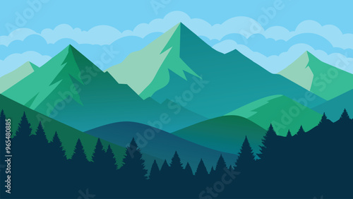 Panorama of the mountains with fresh green leaves, flat vector illustration