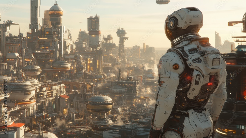 Astronaut looking at futuristic city with flying vehicles Astronaut looking at futuristic city with flying vehicles