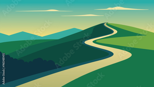 Road meanders through majestic mountains, showcasing the beauty of nature and the allure of adventure flat vector illustration