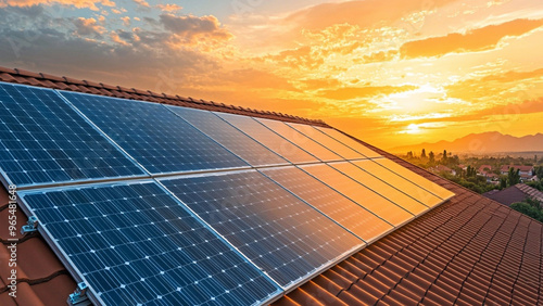 Grosses Solarmodul auf Dach bei Sonnenuntergang