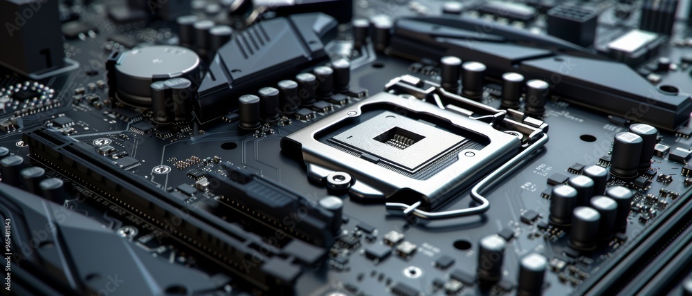 Close-up shot of a computer motherboard, highlighting the intricate details and components of the integrated circuit. Close-up shot of a computer motherboard, highlighting the intricate details and components of the integrated circuit.