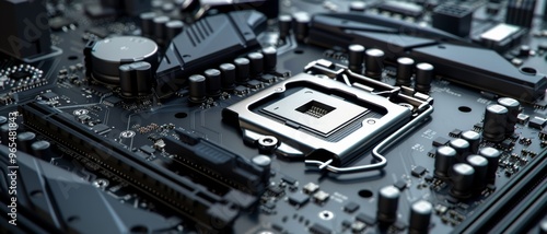 Close-up shot of a computer motherboard, highlighting the intricate details and components of the integrated circuit.