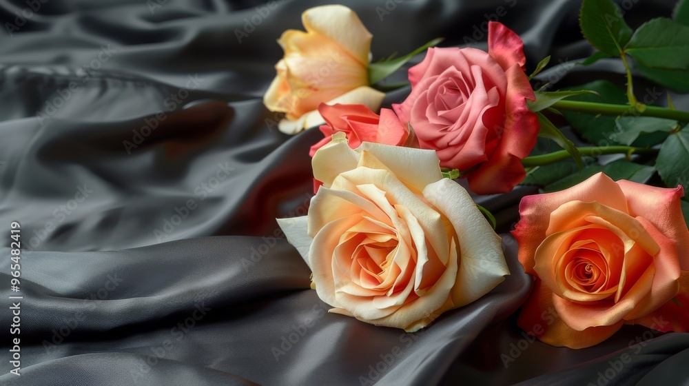 Fototapeta premium Assorted colored roses on dark gray silk with dramatic shadows