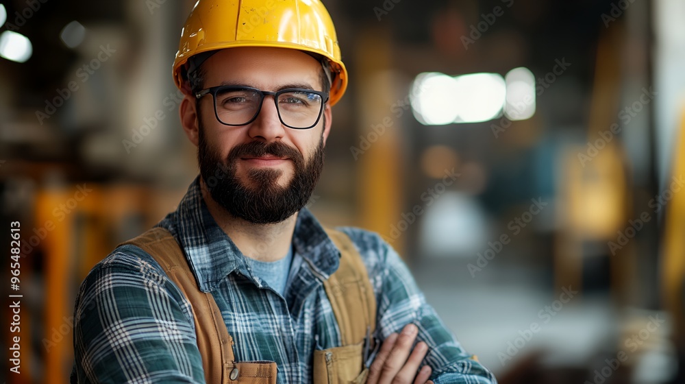 a man wearing a hard hat and glasses standing in a factory with his arms crossed and looking at the camera a man wearing a hard hat and glasses standing in a factory with his arms crossed and looking at the camera