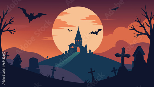 Spooky Halloween background featuring bats flying over a dark graveyard, evoking a sense of horror and mystery, flat vector illustration
