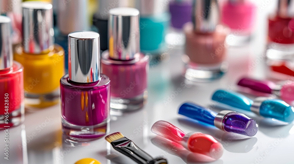 Assorted nail polishes and manicure tools on a clean surface Assorted nail polishes and manicure tools on a clean surface