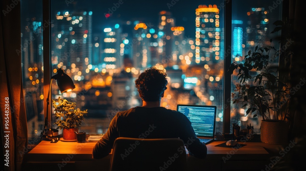 Man sitting to his desk and working on his laptop at night in room with wide glass facade overlooking the city Man sitting to his desk and working on his laptop at night in room with wide glass facade overlooking the city