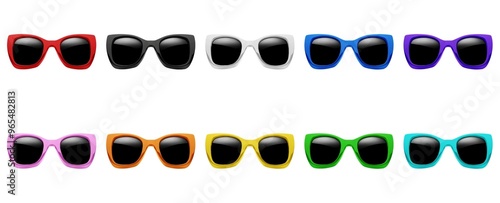 A collection of sunglasses with black lenses and colorful frames, arranged in two rows, featuring ten different bright colors. Generative AI photo