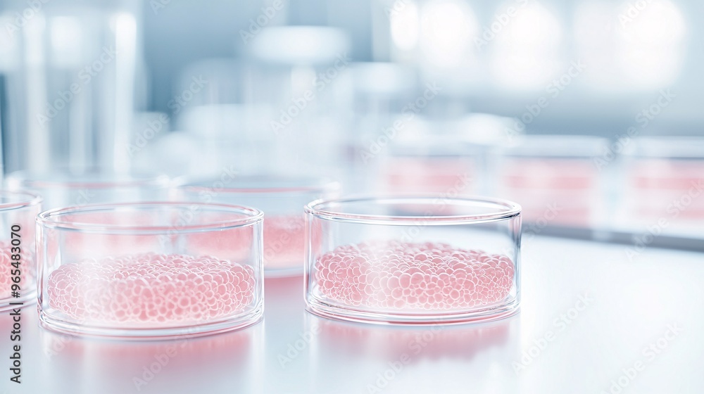 Close-up of petri dishes with bioengineered organisms in a biotechnology research lab Close-up of petri dishes with bioengineered organisms in a biotechnology research lab
