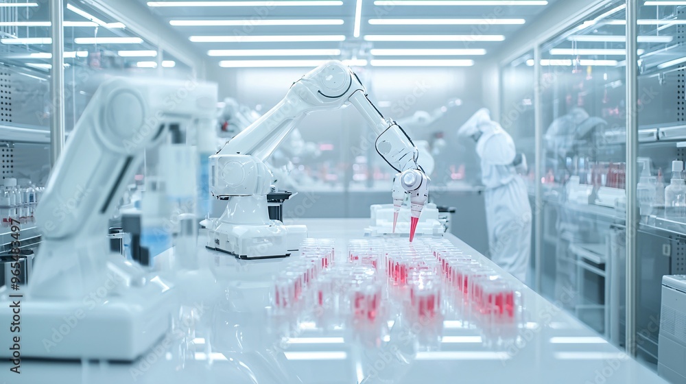 Sterile biotechnology lab with robotic systems handling genetic samples, futuristic research Sterile biotechnology lab with robotic systems handling genetic samples, futuristic research