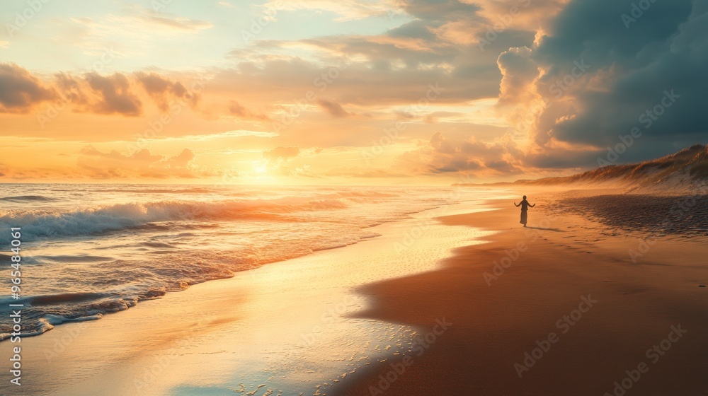 Woman practicing tai chi on the beach at sunset