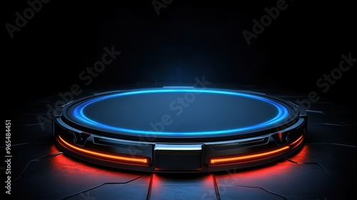 Futuristic platform with glowing blue and red lights against a dark background, perfect for sci-fi or tech-themed projects.