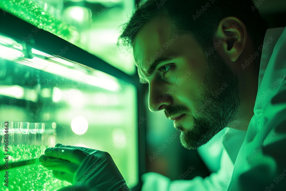 A man is looking at a green liquid in a lab A man is looking at a green liquid in a lab