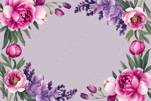 Elegant Watercolor Floral Border Featuring Peony and Snapdragon in Pink and Lavender for Botanical Get Well Cards