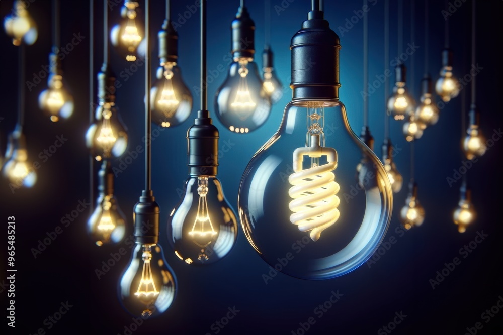 Glowing light bulbs hanging in various sizes against a dark background – Concept for ideas, innovation, and energy Glowing light bulbs hanging in various sizes against a dark background – Concept for ideas, innovation, and energy