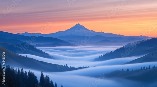 Mount hood rising above a sea of fog at sunrise