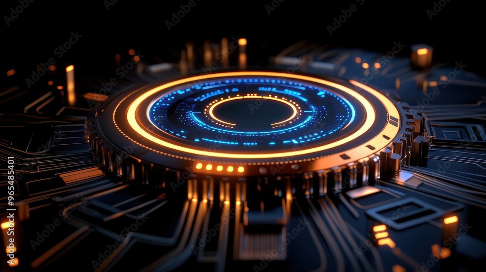 Futuristic technology abstract with glowing circles and intricate circuitry, representing innovation and digital advancement. Futuristic technology abstract with glowing circles and intricate circuitry, representing innovation and digital advancement.