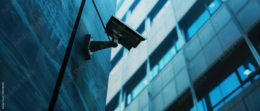 A solitary surveillance camera is mounted high on a modern building, contrasting with the deep blue tones of the urban architecture. A solitary surveillance camera is mounted high on a modern building, contrasting with the deep blue tones of the urban architecture.
