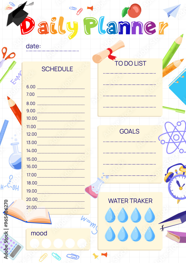 Naklejka premium School daily planner template with schedule, to do list, water tracker, goal, mood.Vertical A4 format daily personal planner page.Vector illustration