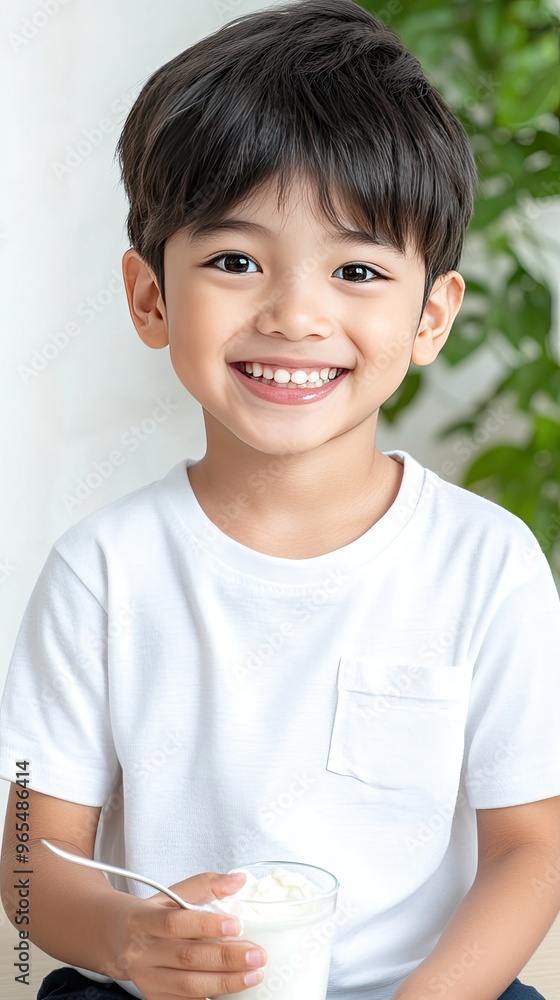 A young boy is happily eating yogurt from a plastic container, sitting at a kitchen table. His white t-shirt contrasts with the warm decor around him A young boy is happily eating yogurt from a plastic container, sitting at a kitchen table. His white t-shirt contrasts with the warm decor around him