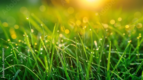 Crystal clear dew drops on lush green grass at sunrise