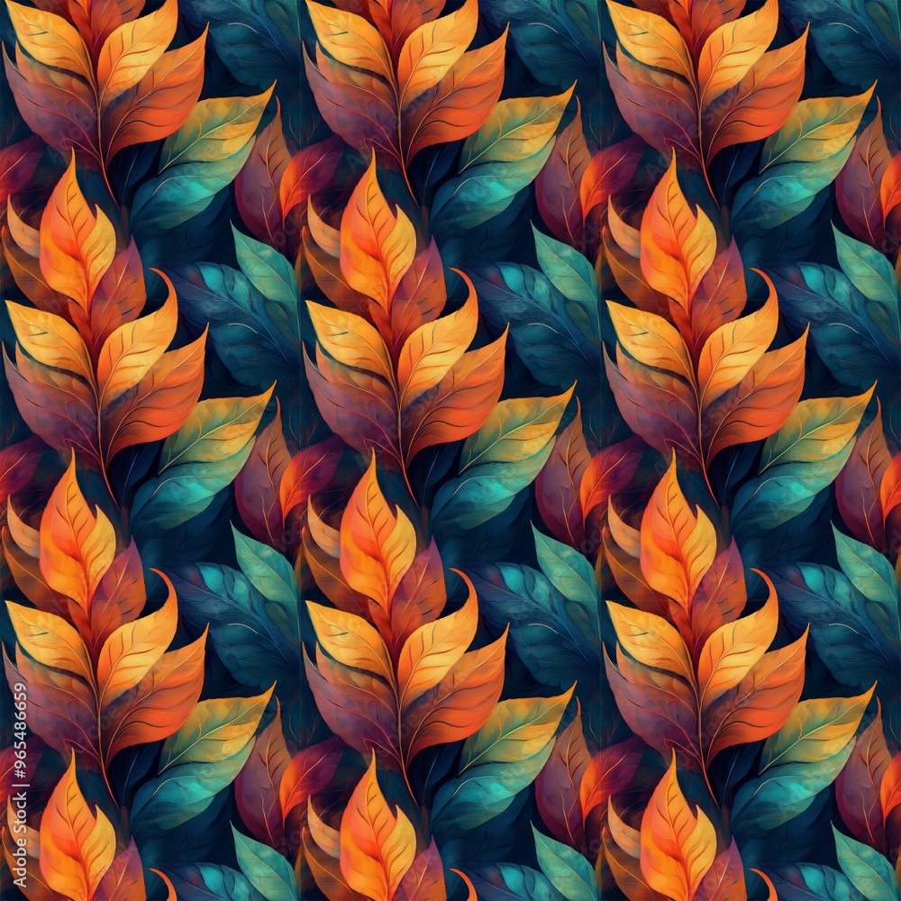 Fototapeta premium Orange and teal leaves, painted with a brushstroke effect, create a repeatable pattern against a dark background.