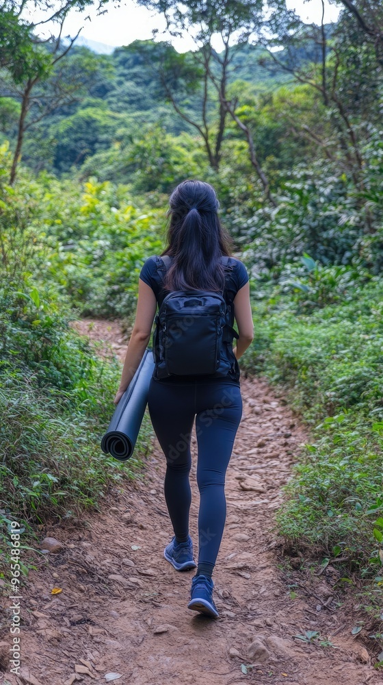 A woman walks through a vibrant forest, dressed in dark blue leggings and a black top. She carries a yoga mat and bottle of water in preparation for her workout A woman walks through a vibrant forest, dressed in dark blue leggings and a black top. She carries a yoga mat and bottle of water in preparation for her workout
