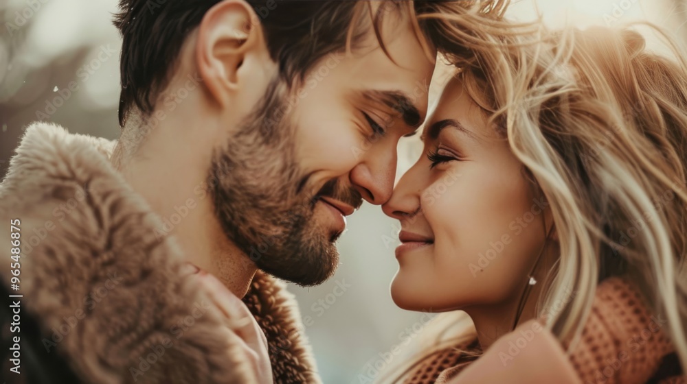 Obraz premium Cute couple with cheeks touching, looking into each other's eyes with soft lighting