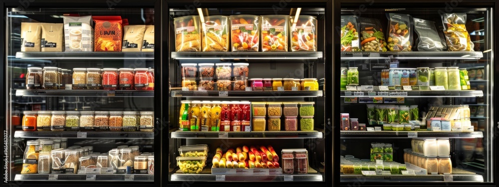 Fototapeta premium Refrigerated section with healthy food and snacks in grocery store