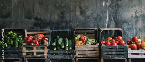 Assorted fresh vegetables arranged in rustic wooden crates against a textured dark wall, showcasing a bountiful market display.