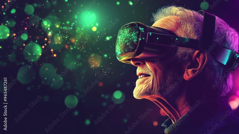 An elderly man wearing a VR headset, experiencing immersive virtual reality with a look of wonder and amazement. An elderly man wearing a VR headset, experiencing immersive virtual reality with a look of wonder and amazement.