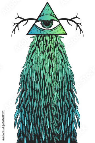 Forester monster in a suit with feathers. An eye in a pyramid, a sacred image. Freehand drawing.
