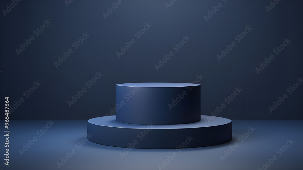 Dark blue cylinder pedestal podium set with dark blue background. Minimalist scene for product presentation. Dark blue cylinder pedestal podium set with dark blue background. Minimalist scene for product presentation.