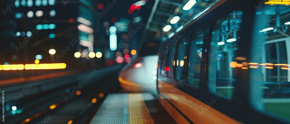 A high-speed train zooms past a bustling city station at night, lights creating dynamic streaks that emphasize motion and energy. A high-speed train zooms past a bustling city station at night, lights creating dynamic streaks that emphasize motion and energy.