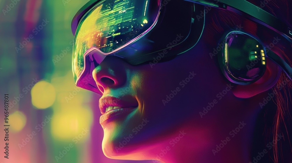 A woman wears VR glasses with a cityscape reflected in the lenses. She looks up with a smile and a hopeful expression on her face. The background is blurry with a neon light effect. A woman wears VR glasses with a cityscape reflected in the lenses. She looks up with a smile and a hopeful expression on her face. The background is blurry with a neon light effect.