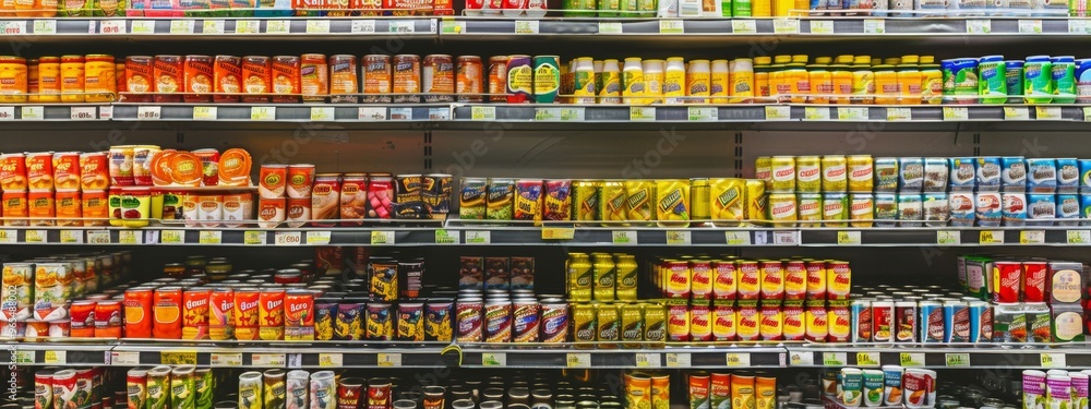 Supermarket aisle filled with canned goods and food products on shelves Supermarket aisle filled with canned goods and food products on shelves