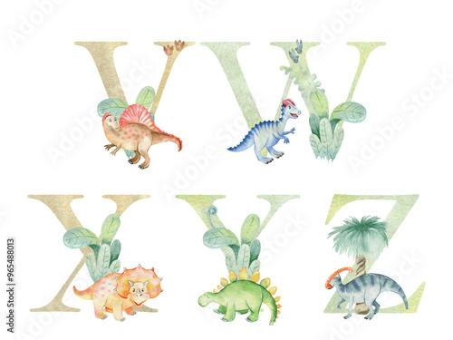 Vector watercolor dinosaurs letters for invitation card, nursery poster and other.