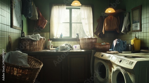 Neglected Laundry Room Chaos - Overflowing Baskets, Lint, and Spills Under Flickering Light photo