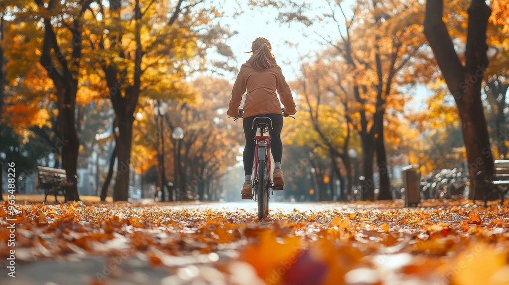 Woman riding bicycle in autumn park enjoying golden fall foliage Woman riding bicycle in autumn park enjoying golden fall foliage