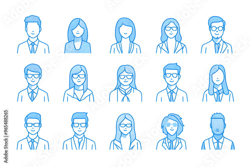 Avatar people silhouette blue line art icon collection isolated on white background