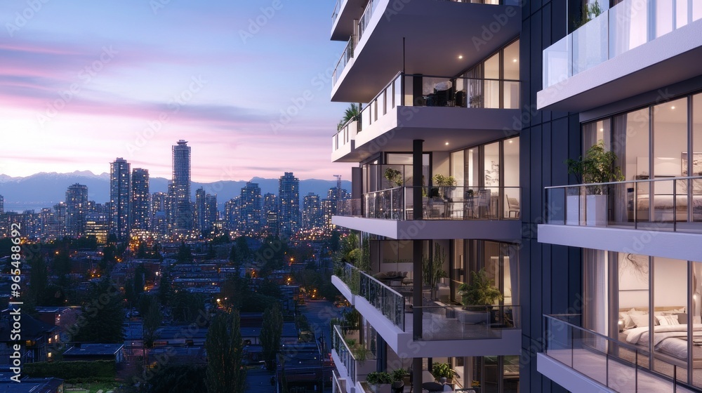 Modern Condo Building with Cityscape View Modern Condo Building with Cityscape View