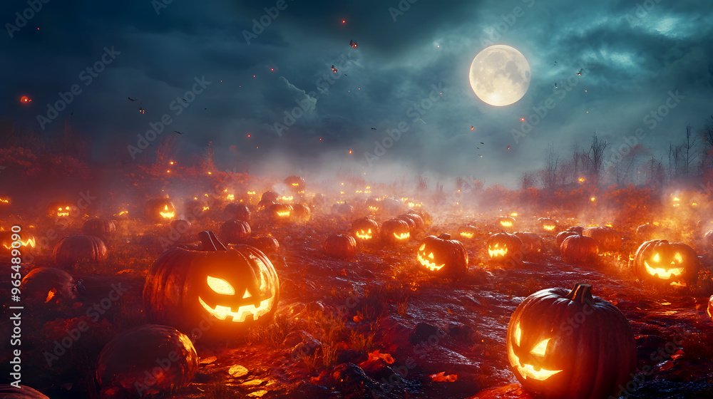 Naklejka premium magical pumpkin patch under the full moon, where jack-o'-lanterns glow and flicker, and a mysterious mist weaves between the pumpkins
