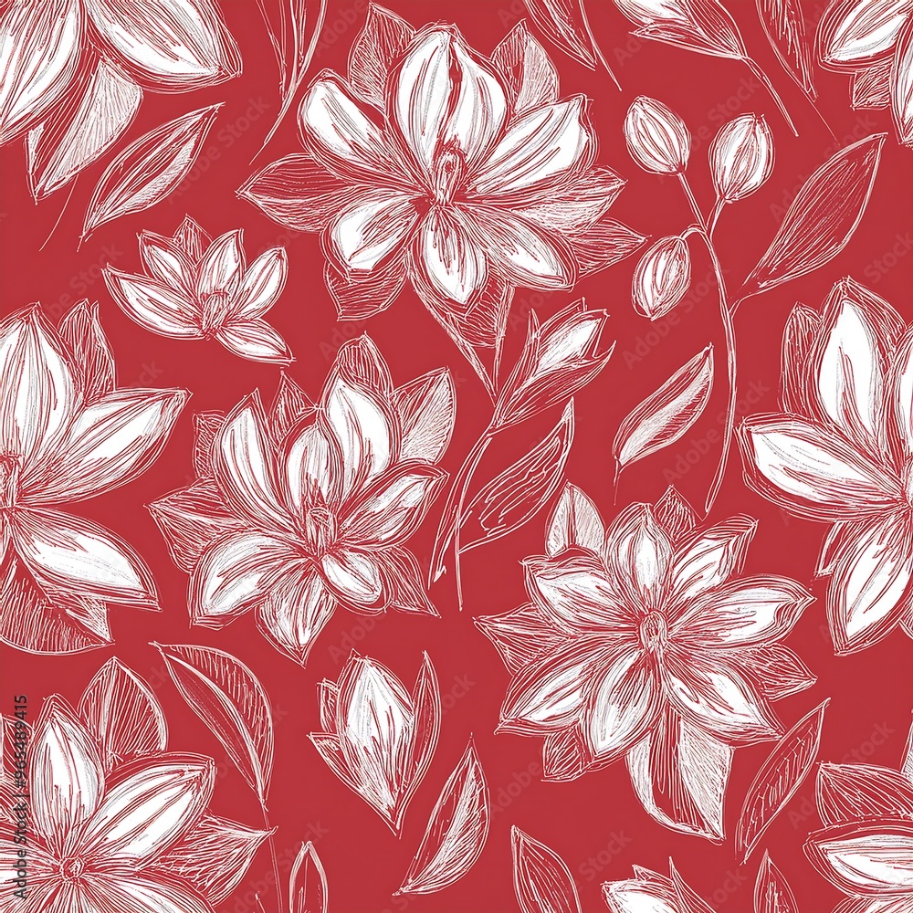 Fototapeta premium Beautiful white flowers on red background. floral seamless pattern.