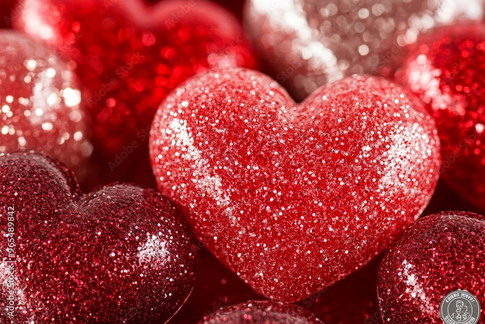 Fototapeta premium Sparkling Red Heart-Shaped Candies for Valentines Day Romance, Shimmering Background.