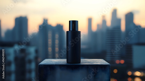 matte black cosmetic bottle, placed on a concrete block with a modern cityscape blurred in the background photo